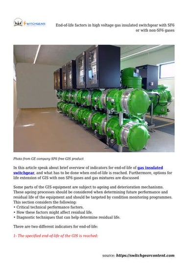 End of-life factors in high voltage gas insulated switchgear with sf6 or with...