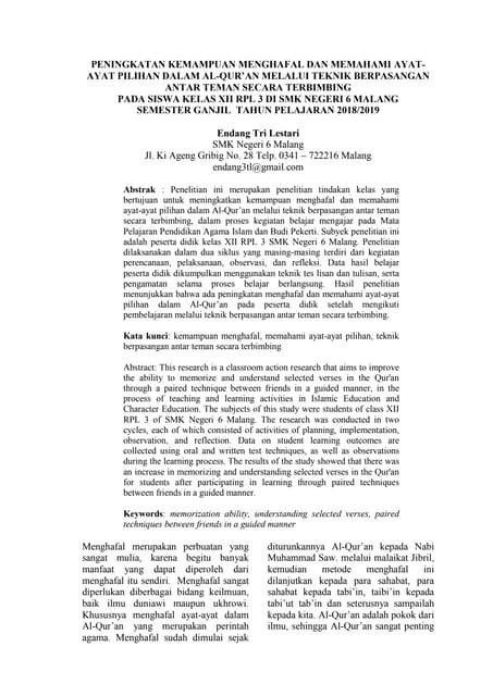 PENINGKATAN KEMAMPUAN MENGHAFAL DAN MEMAHAMI AYAT-AYAT PILIHAN DALAM AL-QUR’A...