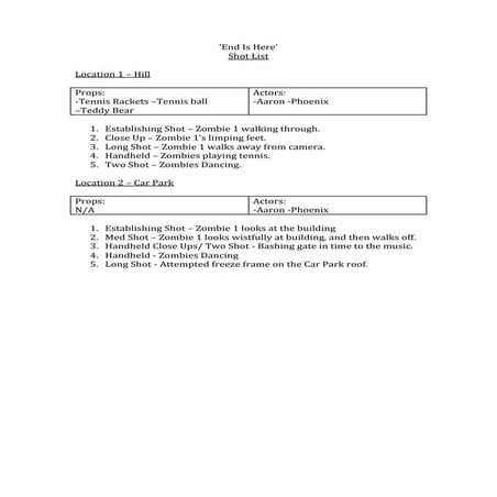 End is here - Shot List