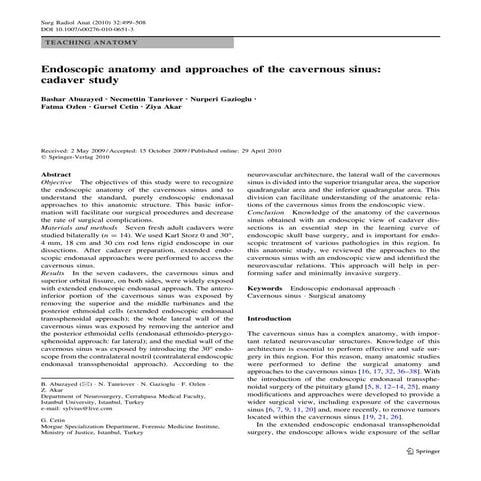 Endoscopic anatomy and approaches of the cavernous sinus cadaver study ...