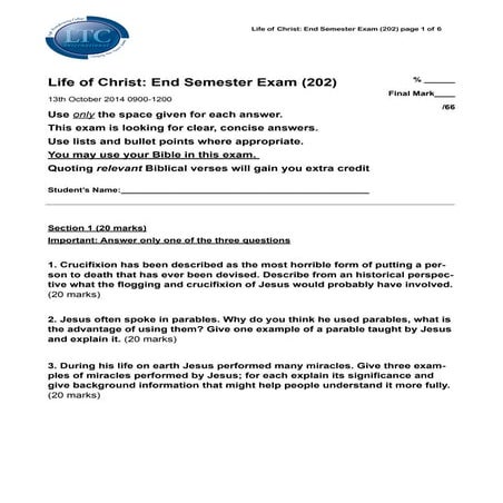 LTCi Life of Christ, End semester exam | PDF