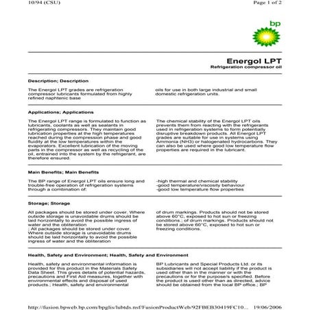 Olio per compressori frgoriferi - Energol LPT - Fornid