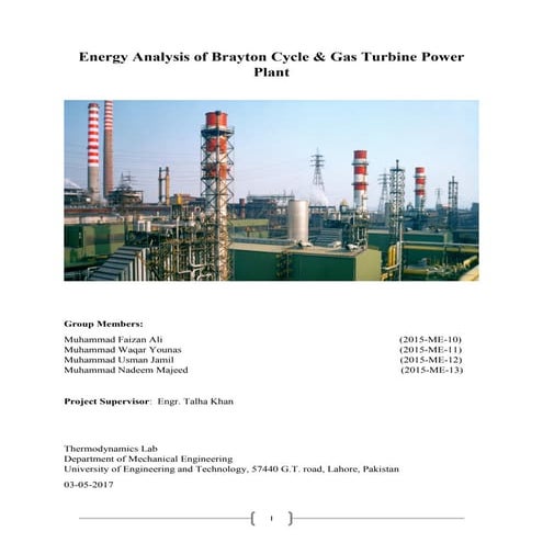 Energy Analysis of Brayton Cycle & Gas Turbine Power Plant