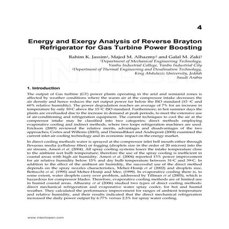 Energy and exergy analysis of reverse brayton refrigerator for gas turbine power boosting
