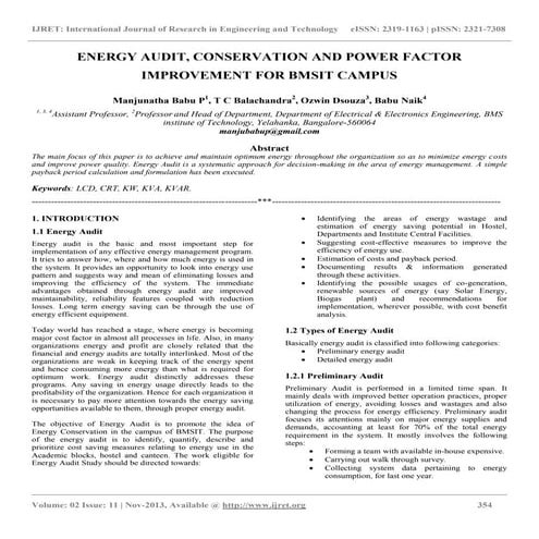 Energy audit, conservation and power factor improvement for bmsit campus