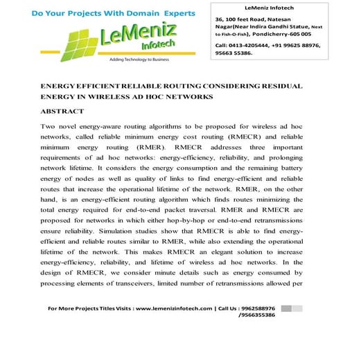 Energy efficient reliable routing considering residual energy in wireless ad ...