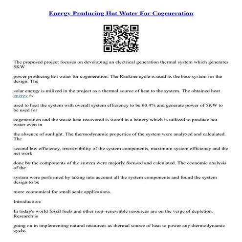 Energy Producing Hot Water For Cogeneration