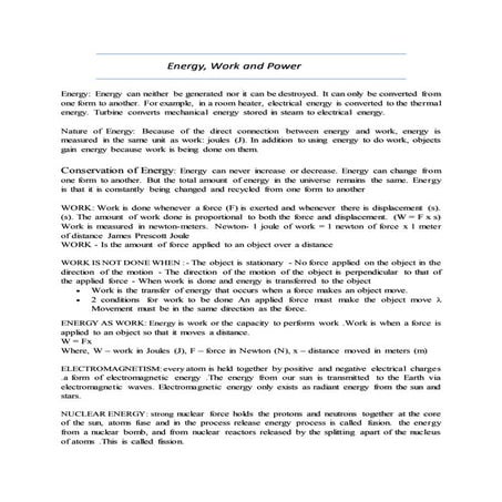 work, Power and types of energy