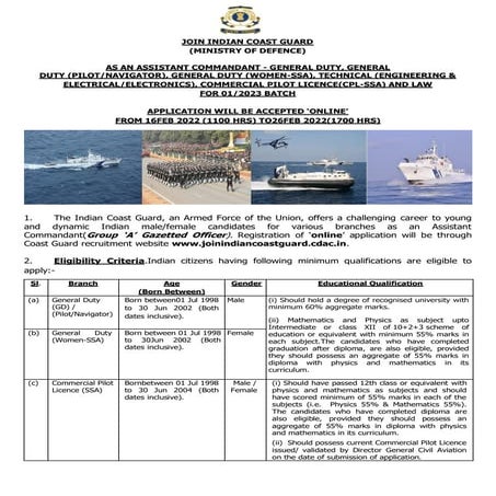 Indian Coast Guard Recruitment 2022: Apply Online For Group A General Duty, T...