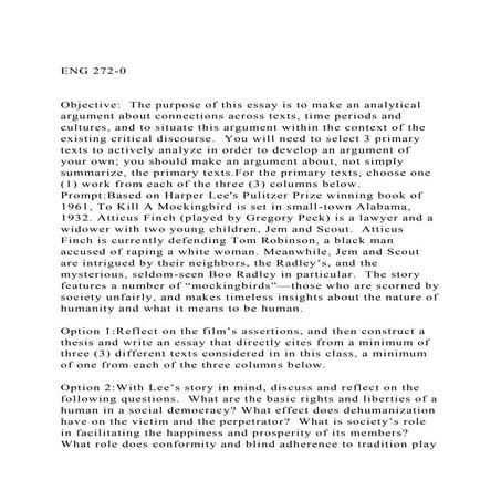 ENG 272-0Objective  The purpose of this essay is t.docx