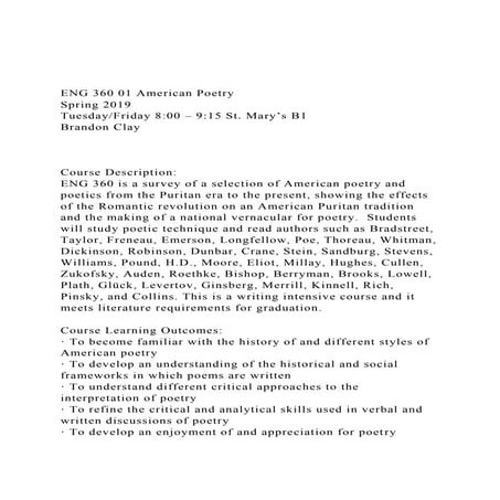 ENG 360 01 American PoetrySpring 2019TuesdayFriday 800 –.docx