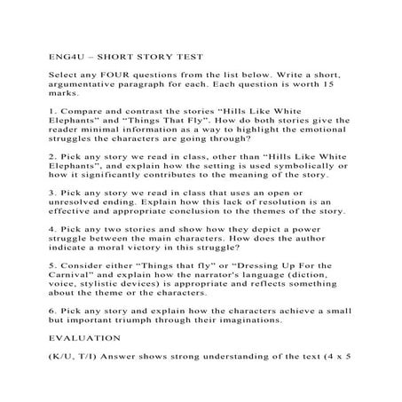 ENG4U – SHORT STORY TESTSelect any FOUR questions from the lis.docx