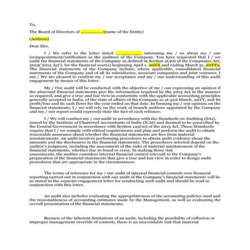 Engagement Letter Format for statutory audit
