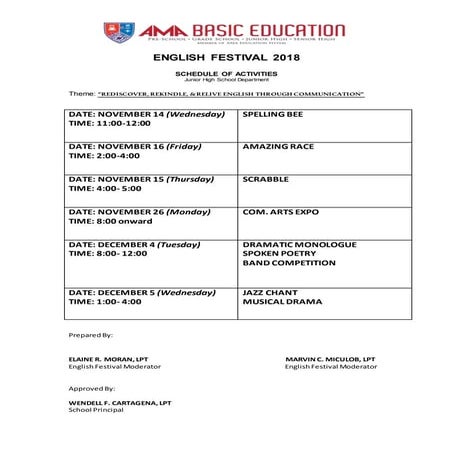 English Festival Schedule of Activities