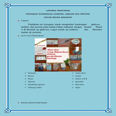 Laporan praktikum "PENGUJIAN KANDUNGAN GLUKOSA, AMILUM DAN PROTEIN DALAM BAHA...
