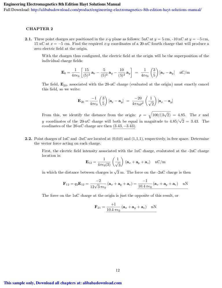 Engineering Electromagics 8th Edition Hayt Solutions Manual