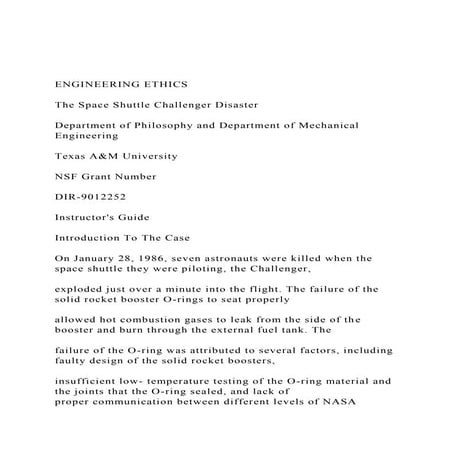 Risk Management Analysis of the Space Shuttle Challenger Disaster | DOCX