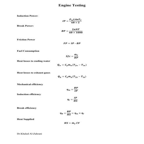MET 211 Engine testing equations