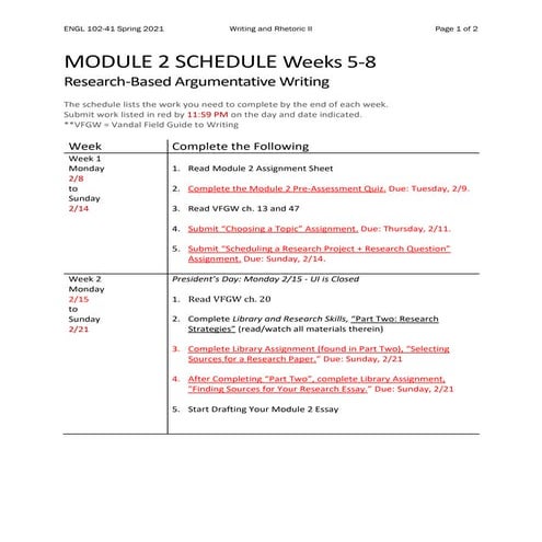 Engl102 module 2 schedule_spring