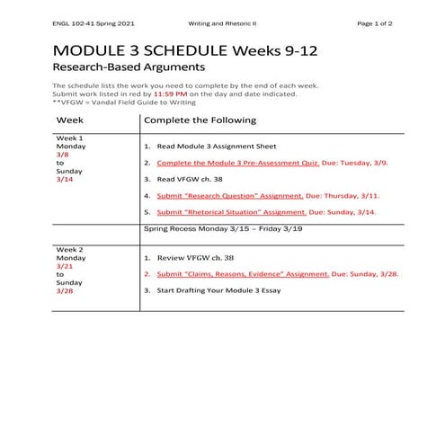 Engl102 module 3 schedule_spring