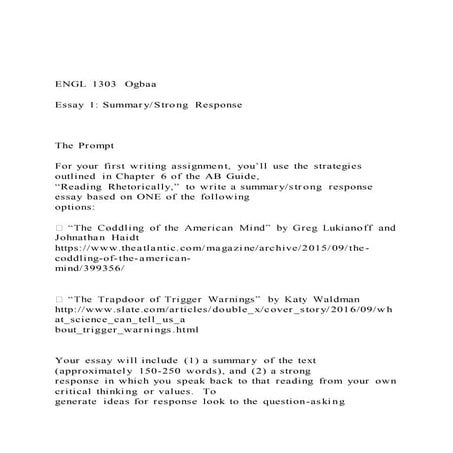 ENGL 1303  Ogbaa Essay 1 SummaryStrong Response  