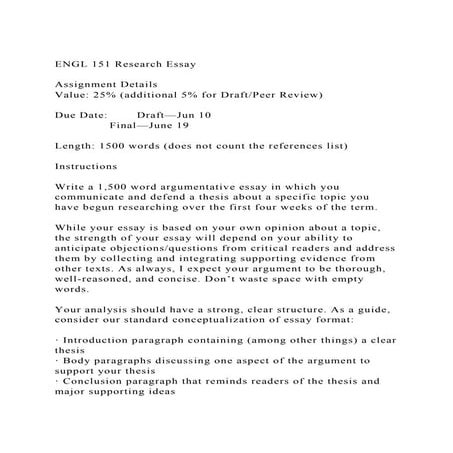 ENGL 151 Research EssayAssignment DetailsValue 25 (additio | PDF