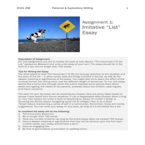 ENGL 208 Assignment 1: Imitative List Essay | PDF