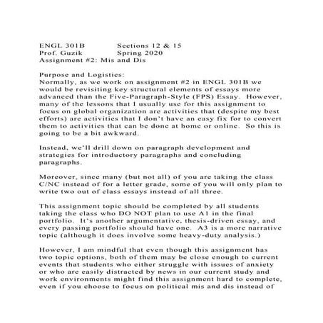 ENGL 301BSections 12 & 15Prof. GuzikSpring 2020Assignment .docx