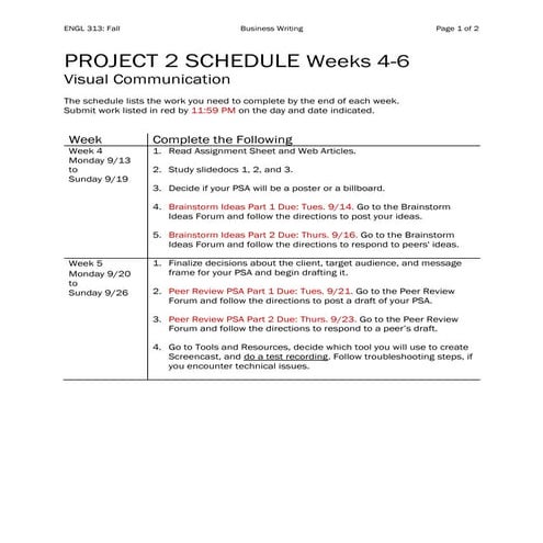 ENGL 313 Project 2 Schedule Fall 2021