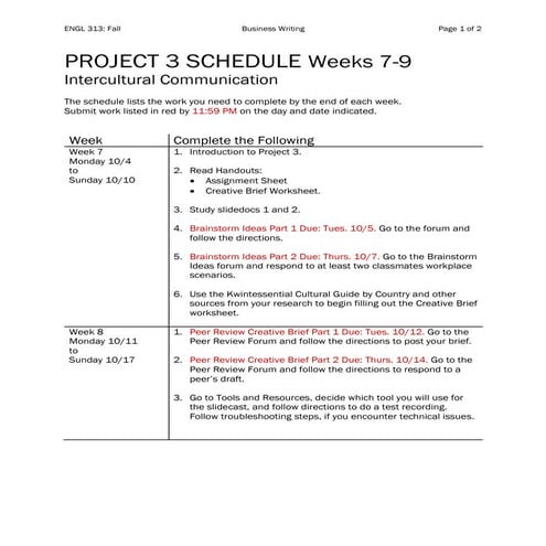 ENGL 313 Project 3 Schedule Fall 2021