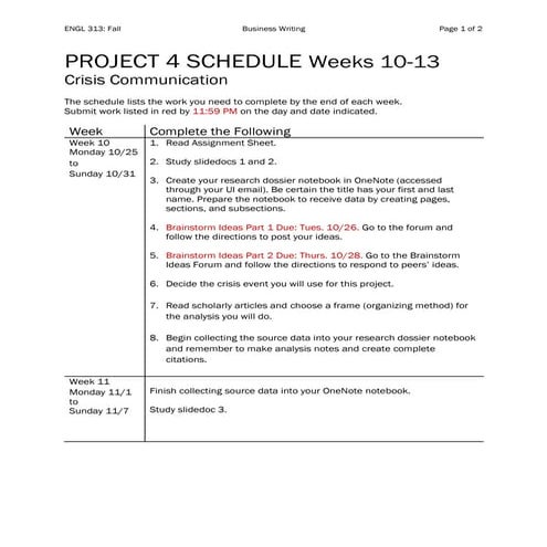 ENGL 313 Project 4 Schedule Fall 2021