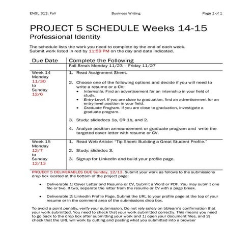 Engl313 project5 schedule_fall