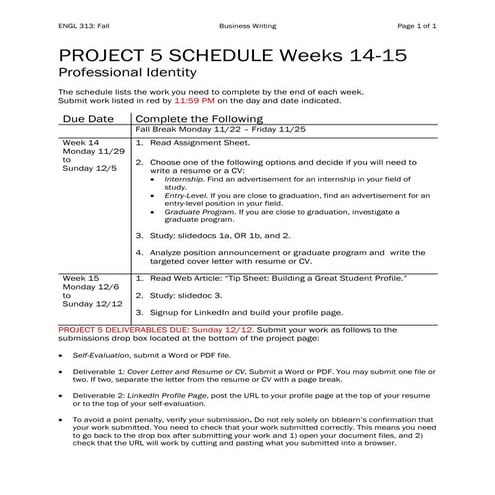 ENGL 313 Project 5 Schedule Fall 2021