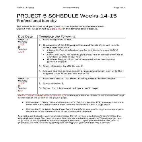 Engl313 project5 schedule_spring