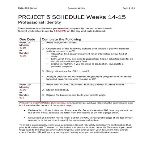 Engl313 project5 schedule_spring