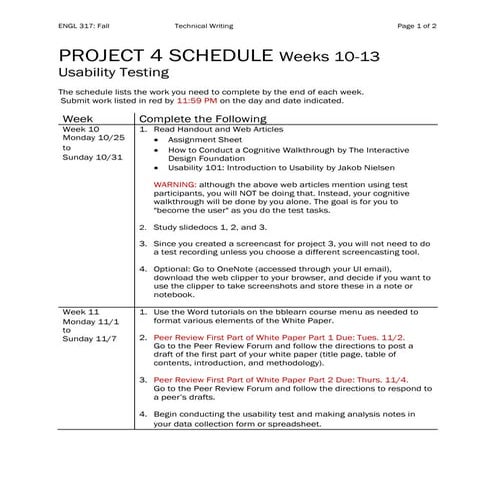 ENGL 317 Project 4 Schedule Fall 2021