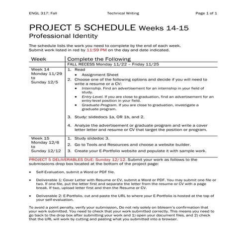 ENGL 317 Project 5 Schedule Fall 2021