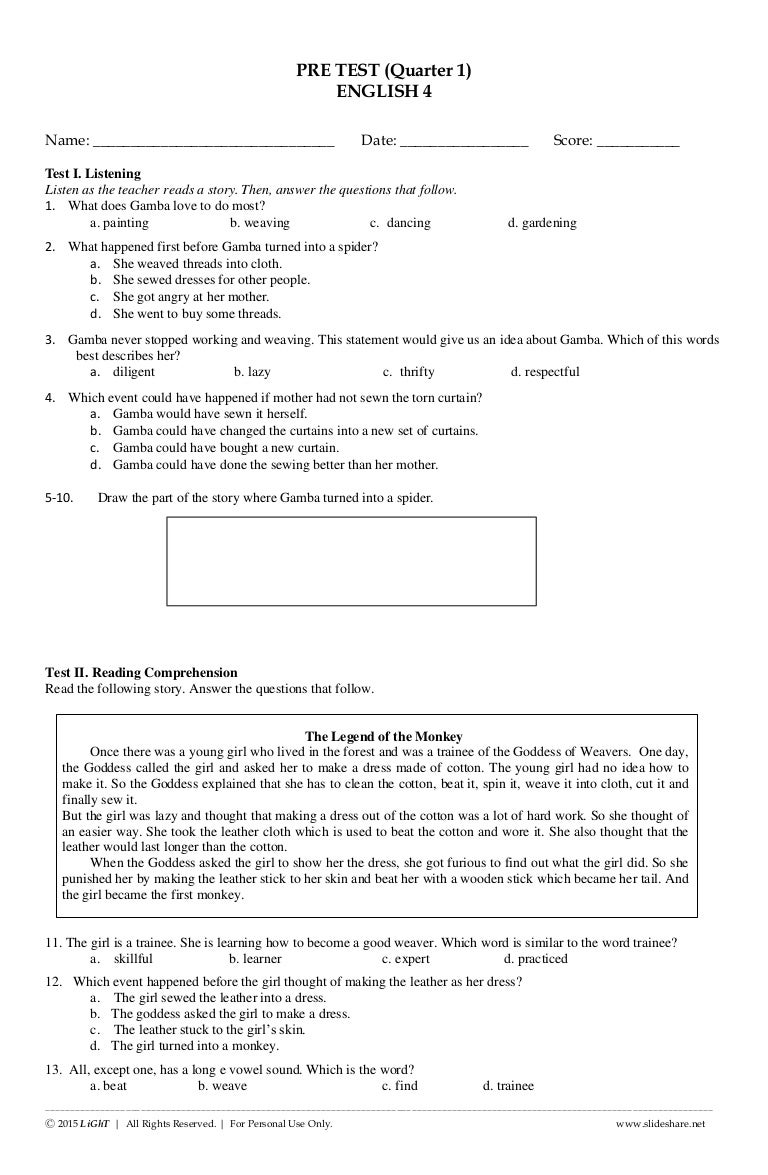 K TO 12 GRADE 4 DIAGNOSTIC PRE TEST IN ENGLISH