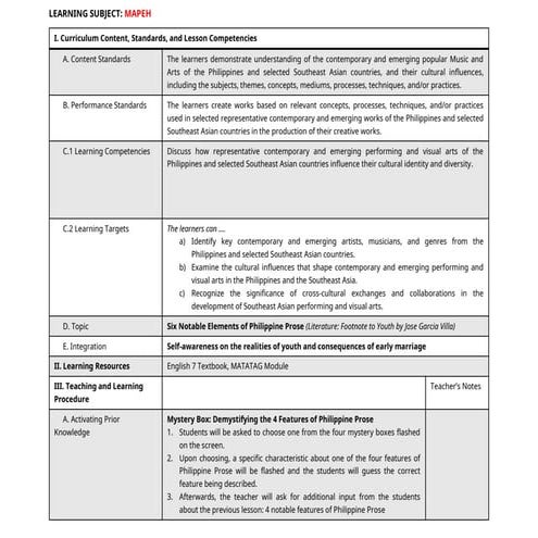Lesson for for English subject Six Notable Elements of Philippine Prose ...