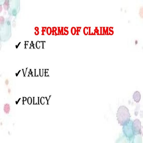 The six most common types of claim are: fact, definition, value, cause, compa...