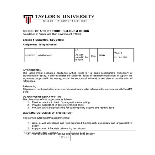 FNBE 0115 - ENGLISH 1 ESSAY WRITING BRIEF