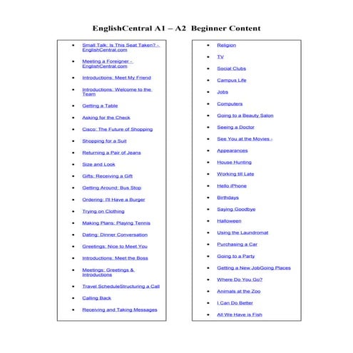 English central a1 - a2 video lessons | PDF