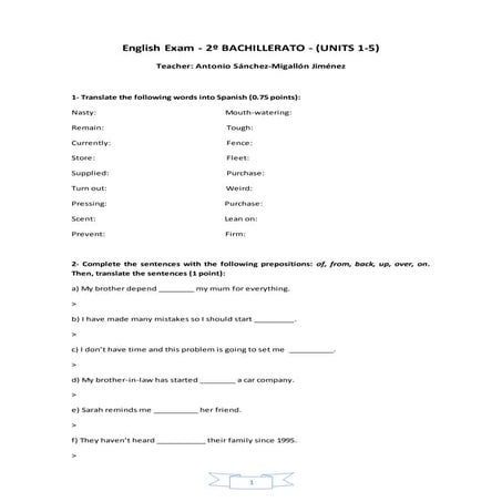 English Exam (2º Bachillerato) Units 1-5