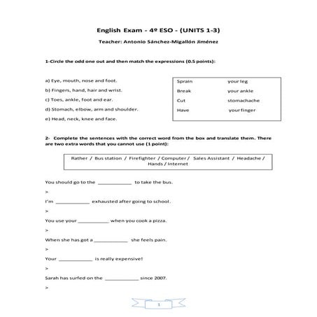 English Exam (4º ESO) Units 1-3