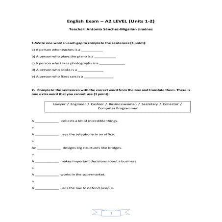 English Exam (A2) Units 1-2