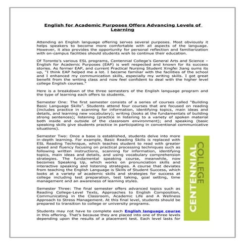 English for academic purposes offers advancing levels of learning