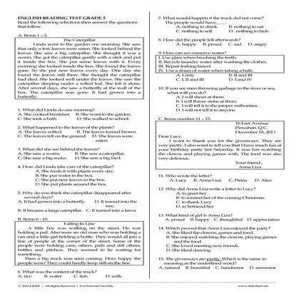 K to 12 Grade 3 ENGLISH  READING  NAT (National Achievement Test) Reviewer