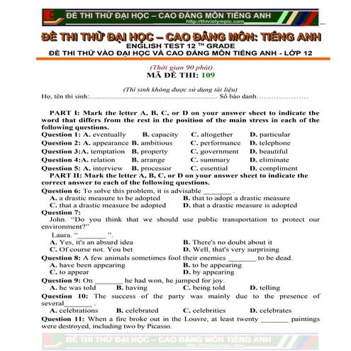 Đề thi thử  Ôn thi Tiếng Anh vào Cao Đẳng , Đại học năm 2013 - Đề 109