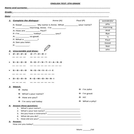 English Test 5th Grade Pdf
