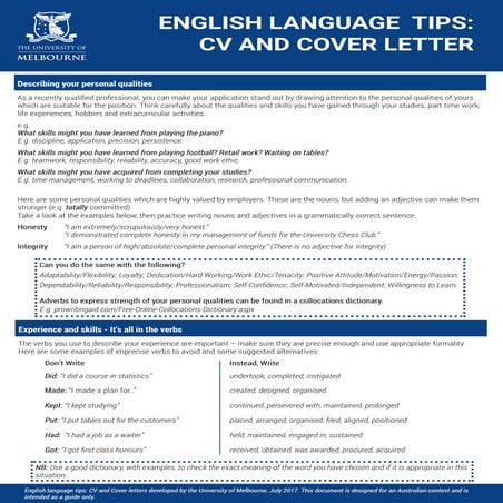 English tips for Resume and  Cover letter